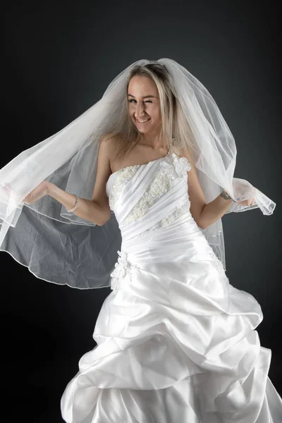 Beautiful Blonde Bride White Dress Black Background — Stock Photo, Image