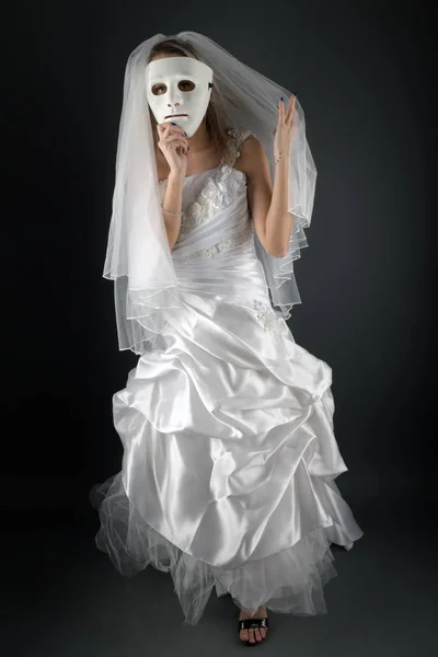 Beautiful Blonde Bride White Dress Hiding White Mask — Stock Photo, Image