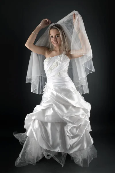 Beautiful Blonde Bride White Dress Black Background — Stock Photo, Image