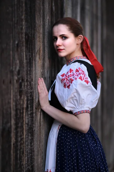 Jonge Mooie Slovak Vrouw Traditionele Jurk Slowaakse Folklore — Stockfoto