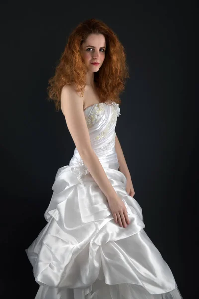 Beautiful Young Woman Long Hair White Dress Black Background — Stock Photo, Image