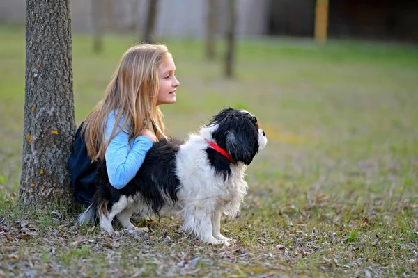 Klein Meisje Wandelen Met Hier Hond — Stockfoto