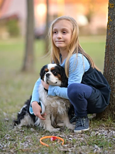 Bambina Che Cammina Con Qui Cane — Foto Stock