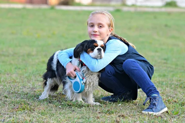 Liten Flicka Med Här Hunden — Stockfoto