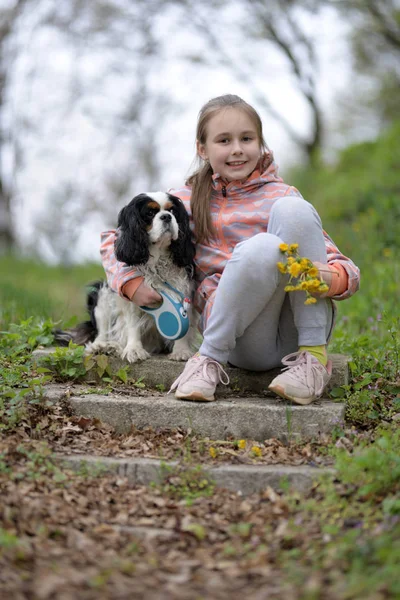 Menina Criança Feliz Com Seu Cão — Fotografia de Stock