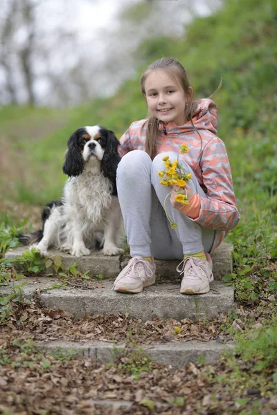 Menina Criança Feliz Com Seu Cão — Fotografia de Stock