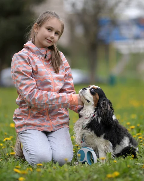 Heureux Enfant Fille Avec Son Chien — Photo