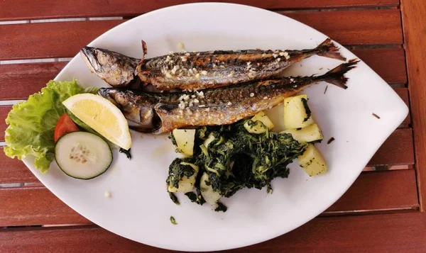 Grilled Mackerel Fish Vegetables White Plane — Stock Photo, Image