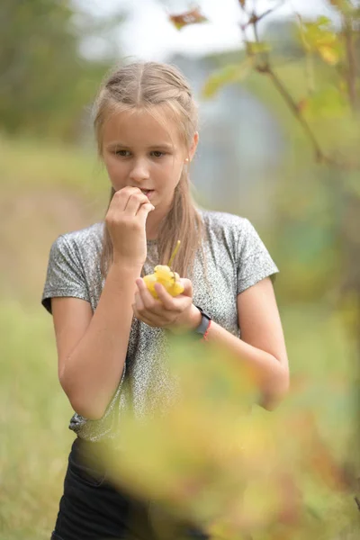 Jong Meisje Proeverij Groene Druiven Boerderij — Stockfoto