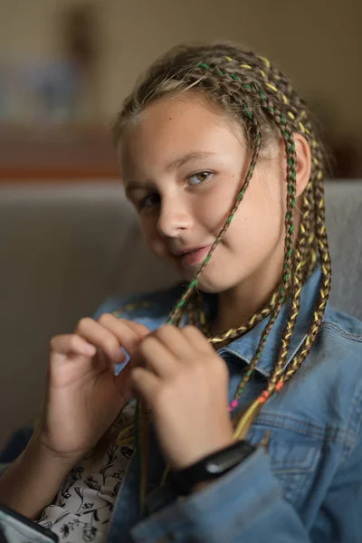 Portrait Young Girl Long Hair Dreads Dressed Green Fibre — Fotografia de Stock