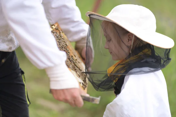 Μικρό Κορίτσι Μελισσοκόμος Εργάζεται Ένα Μελισσοκομείο Στην Κυψέλη — Φωτογραφία Αρχείου