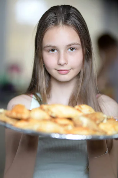 Portrait Girl Plate Homemade Cakes — Stok fotoğraf