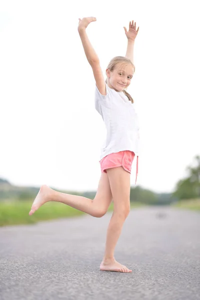 Young Blonde Girl Dancing Road — Stock Photo, Image