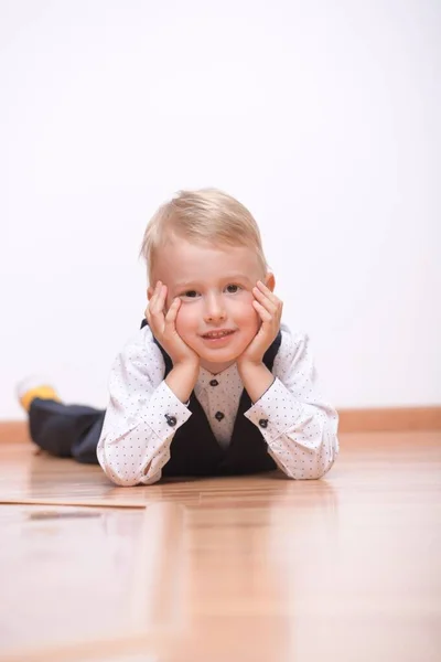 Little Blond Boy Lying Floor — Stock Photo, Image