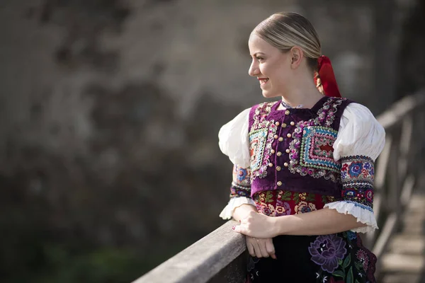 Young Beautiful Slovak Woman Traditional Costume Slovak Folklore — Stock Photo, Image