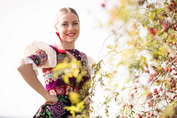 Hermosa Chica Vestido Eslovaco Popular Folclore Eslovaco —  Fotos de Stock