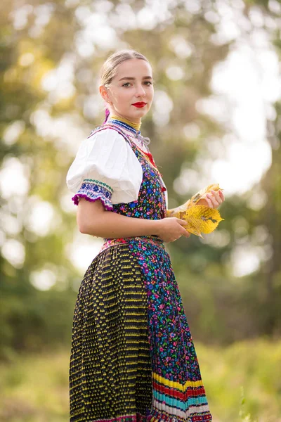 Mladá Krásná Slovenská Žena Tradičním Kostýmu Slovenský Folklór — Stock fotografie