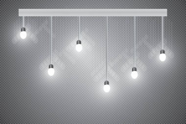 Gerçekçi parlak ampul simgesi bir kolye ile tavan vektör çizim ayarlayın. Saydam bir arka plan tavanda asılı lambalar.
