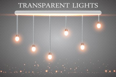 Gerçekçi parlak ampul simgesi bir kolye ile tavan vektör çizim ayarlayın. Saydam bir arka plan tavanda asılı lambalar.