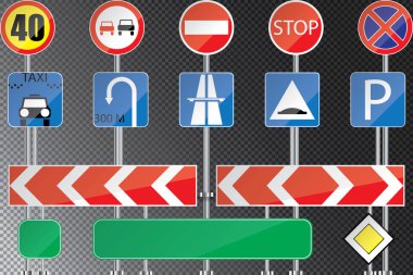 Yol işaretleri üzerinde şeffaf arka plan izole gerçekçi kümesi. Vektör çizim.