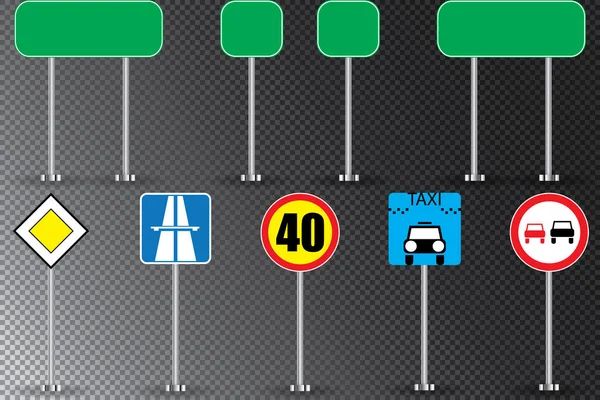 Realistická Sada Dopravní Značení Izolovaných Průhledné Pozadí Vektorové Ilustrace — Stockový vektor