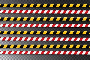 İzole dikkat satırları. Uyarı bantlar. Tehlike işaretleri. Vektör çizim. Farklı yazıtları ile siyah ve sarı uyarı teyp kümesi.