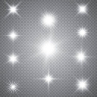 Parlayan ışıklar efekt, parlama, patlama ve yıldızlar. Şeffaf arkaplanda özel efekt izole edildi