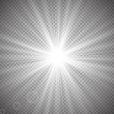 Parlayan ışıklar efekt, parlama, patlama ve yıldızlar. Şeffaf arkaplanda özel efekt izole edildi