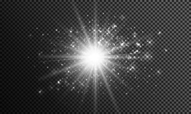 Parlayan ışıklar efekt, parlama, patlama ve yıldızlar. Şeffaf arkaplanda özel efekt izole edildi