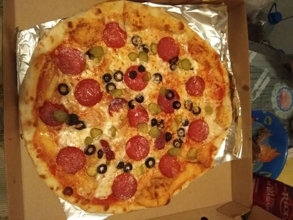 Pizza Kartondobozban Háttérrel Szóköz Szöveghez Kilátás Fentről Pizza Szállítás Pizza — Stock Fotó