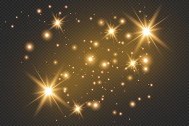 Koyu arka plan üzerinde izole altın parlayan ışık efektleri kümesi. Işıldayan ışık efekti. Yıldız parıldıyor.