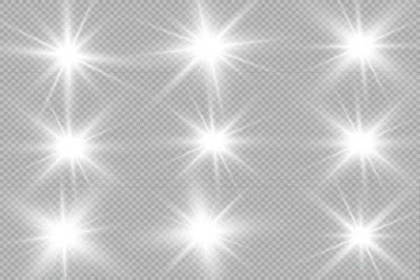 Набір Зірок Векторного Сяючого Світла Спалахує Блискітками Прозорому Фоні Прозорі — стоковий вектор