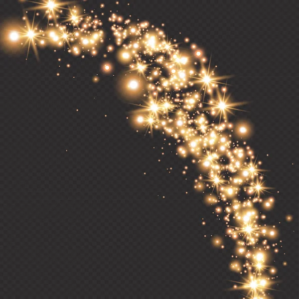 Light Wave Gold Glitter Effect Dark Transparent Background Abstract Swirl — Stock Vector