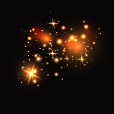 Koyu arka plan üzerinde izole altın parlayan ışık efektleri kümesi. Işıldayan ışık efekti. Yıldız parıldıyor.