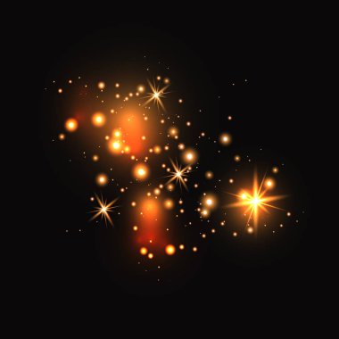 Koyu arka plan üzerinde izole altın parlayan ışık efektleri kümesi. Işıldayan ışık efekti. Yıldız parıldıyor.