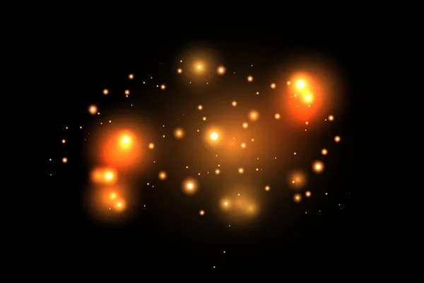 Uppsättning Guld Glödande Ljuseffekter Isolerade Mörk Bakgrund Glöd Ljuseffekt Star — Stock vektor