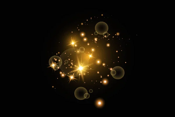Set Aus Goldglühenden Lichteffekten Isoliert Auf Dunklem Hintergrund Glühlichteffekt Stern — Stockvektor