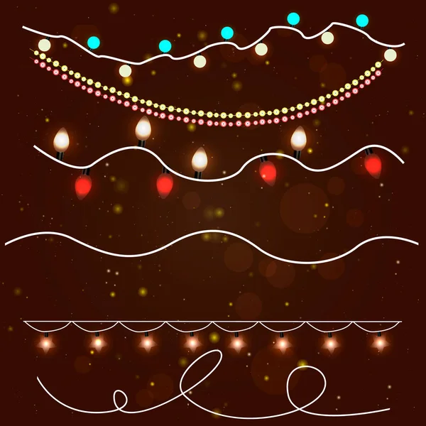 クリスマス 透明な背景に新年のガーランド 明るい多色のライト — ストックベクタ