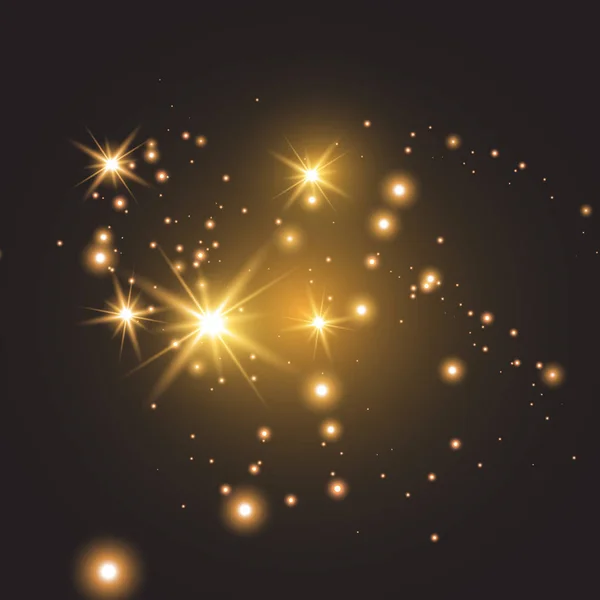Złoty Ogień Przezroczystym Tle Złote Zakurzone Gwiazdy Glitter Vintage Światła — Wektor stockowy