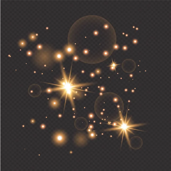 Χρυσή Φωτιά Διαφανές Φόντο Χρυσά Σκονισμένα Αστέρια Λαμπερά Vintage Φώτα — Διανυσματικό Αρχείο