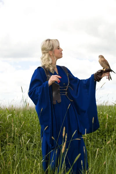 Mooi Meisje Een Lange Blauwe Middeleeuwse Jurk Met Een Jagen — Stockfoto
