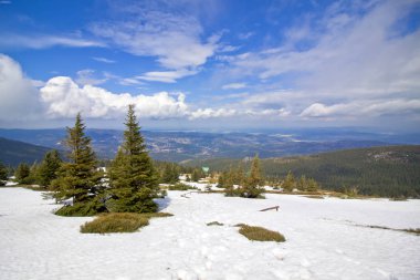 Karkonosze - kar ve güneş. Güzel manzara