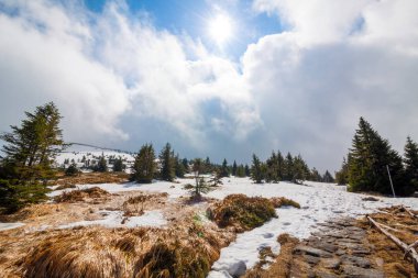 Karkonosze - kar ve güneş. Güzel manzara