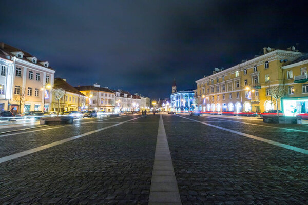 Vilnius, Lithuania - December 4, 2015: Night view of city decorated for Christmas on December