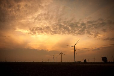 Polonya günbatımı'daki yel değirmenleri