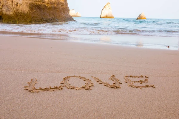 Skylt Kärlek Stranden Portugal — Stockfoto