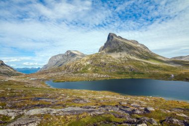 Geiranger fiord yakınlarındaki Norveç'te yaz manzara Panorama - nehir, taşlar, montajlar