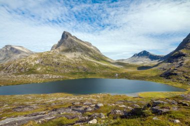 Geiranger fiord yakınlarındaki Norveç'te yaz manzara Panorama - nehir, taşlar, montajlar