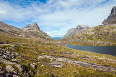Geiranger fiord yakınlarındaki Norveç'te yaz manzara Panorama - nehir, taşlar, montajlar