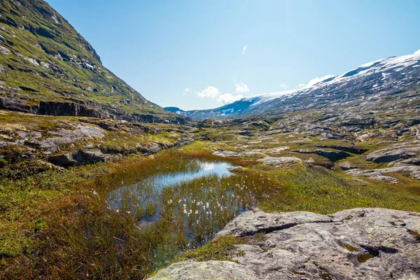 Geiranger fiord yakınlarındaki Norveç'te yaz manzara Panorama - nehir, taşlar, montajlar